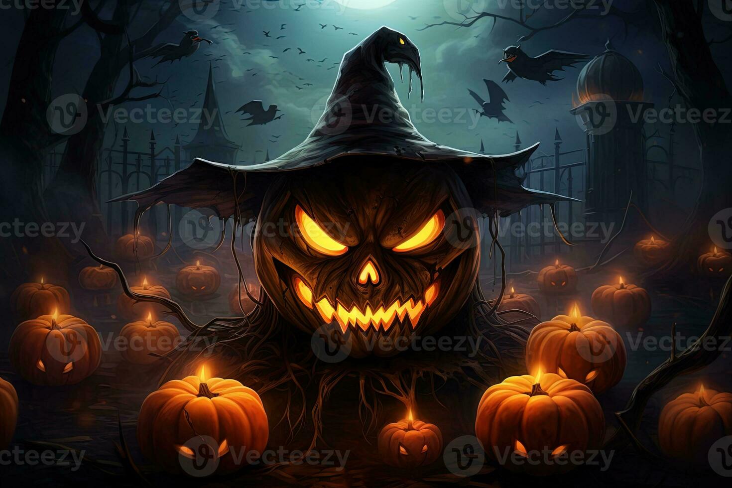 Halloween pumpkin head jack lantern with candles on dark background. Halloween concept AI Generated photo