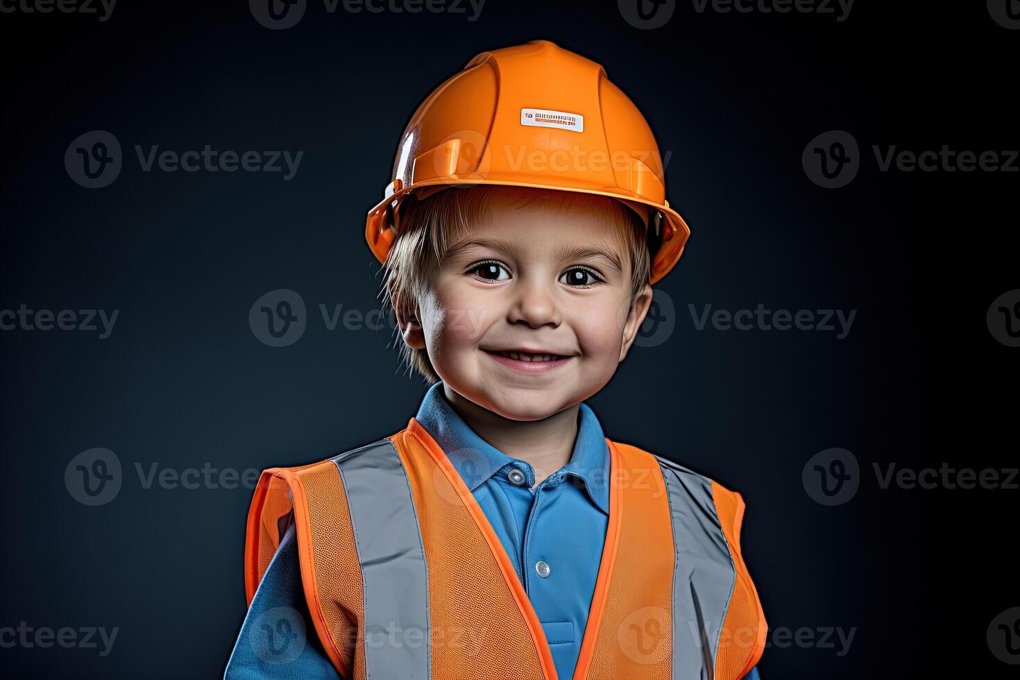 retrato de un linda pequeño chico en un construcción casco ai generado foto