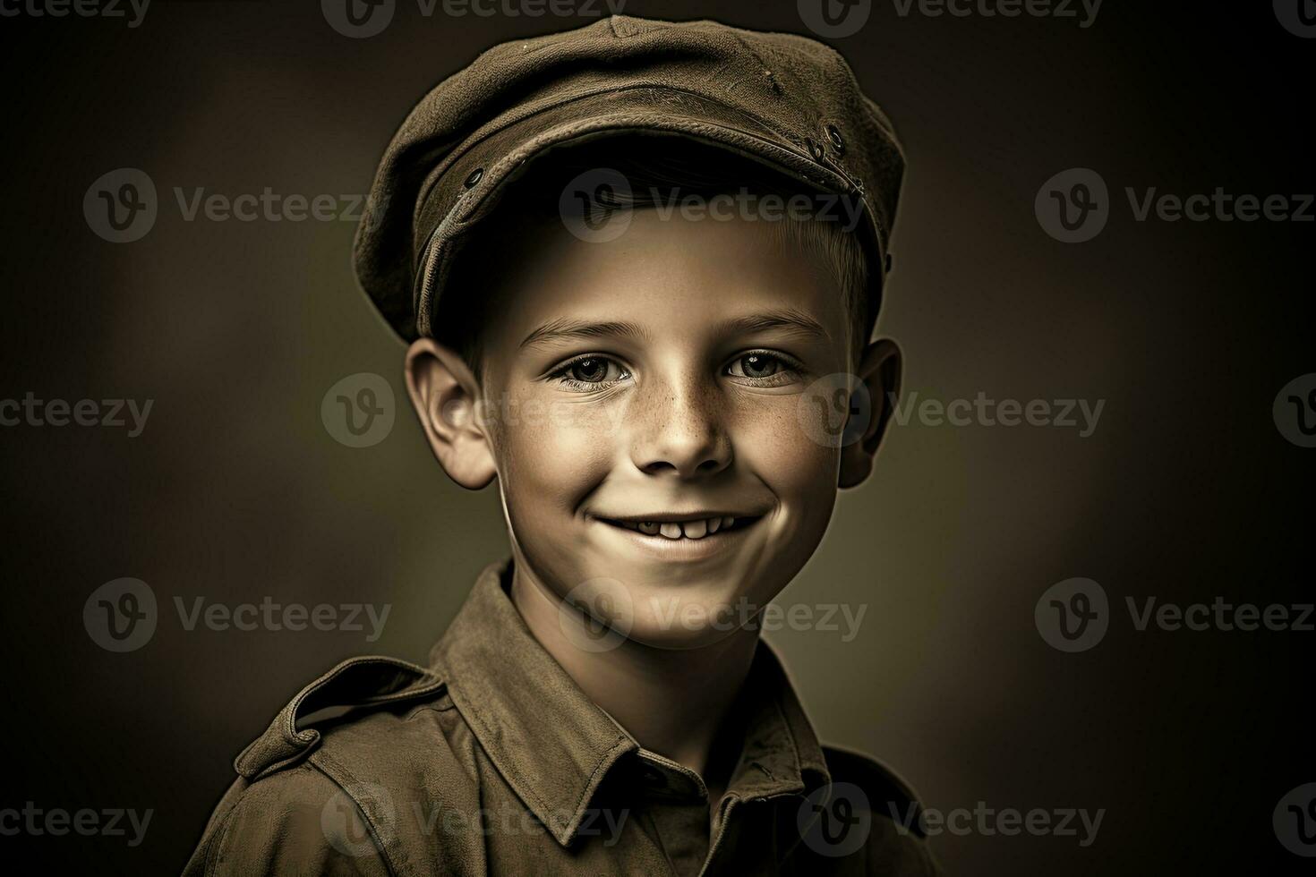 retrato de un linda pequeño chico en militar uniforme en oscuro antecedentes ai generado foto