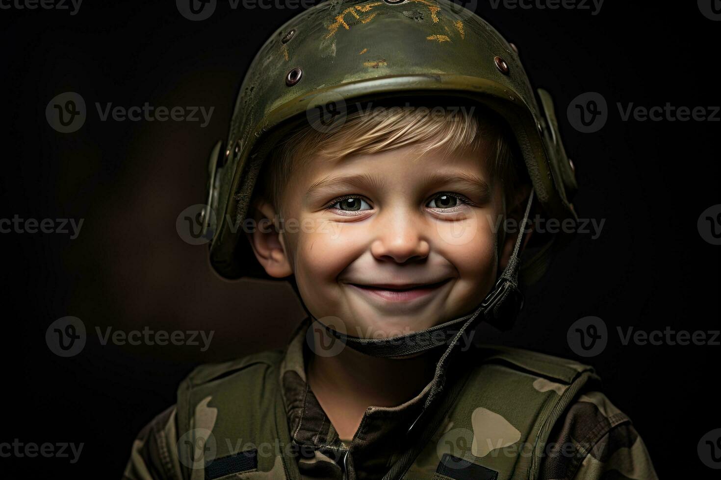 Portrait of a cute little boy in military uniform on dark background AI Generated photo