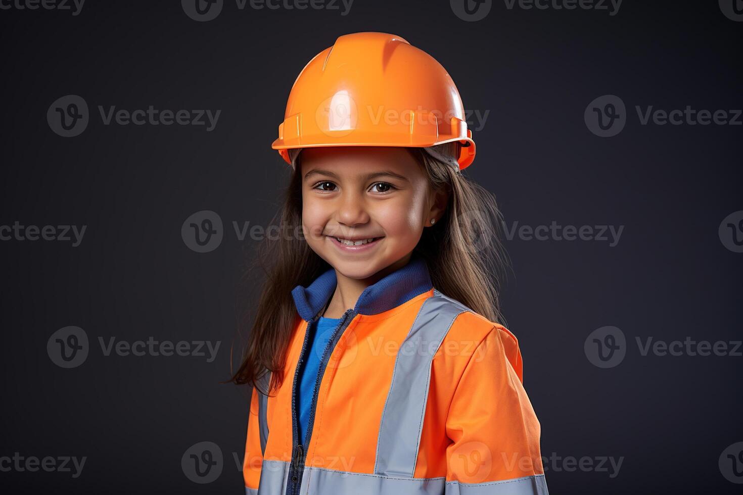 retrato de un sonriente pequeño niña en un construcción casco ai generado foto