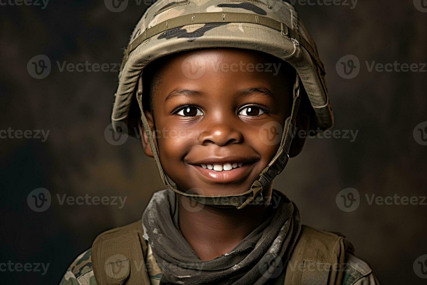 Portrait of a cute little boy in military uniform on dark background AI Generated photo