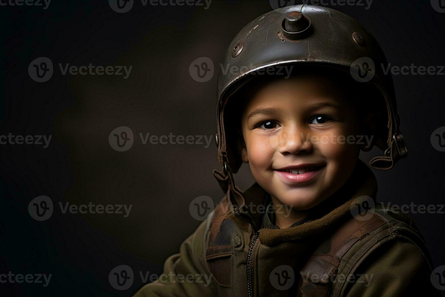 Portrait of a cute little boy in military uniform on dark background AI Generated photo