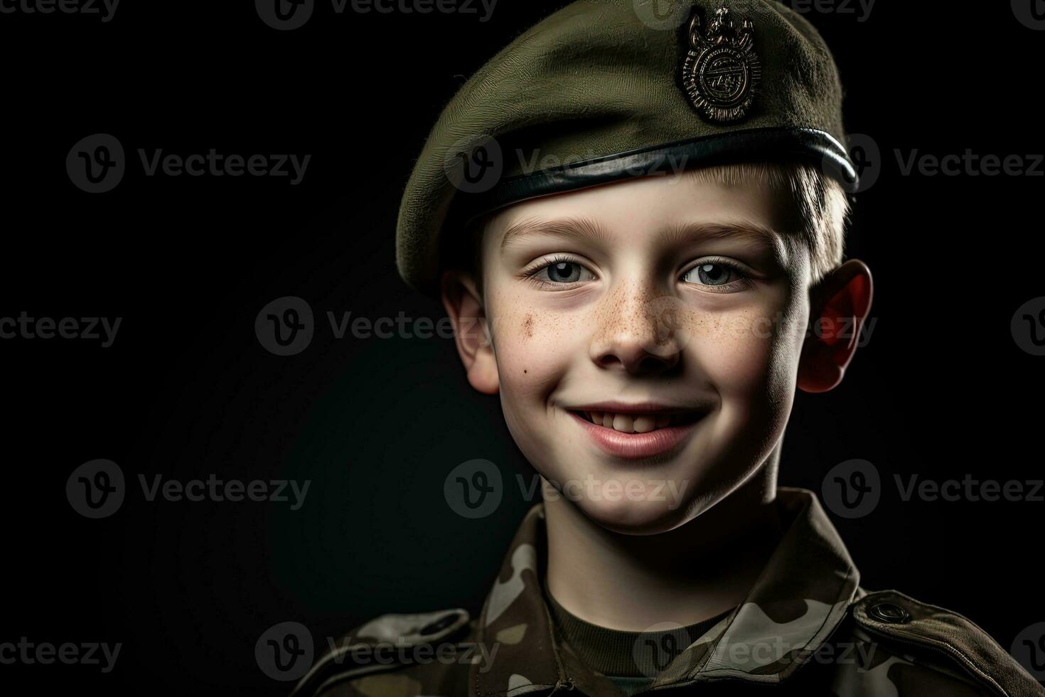 retrato de un linda pequeño chico en militar uniforme en oscuro antecedentes ai generado foto