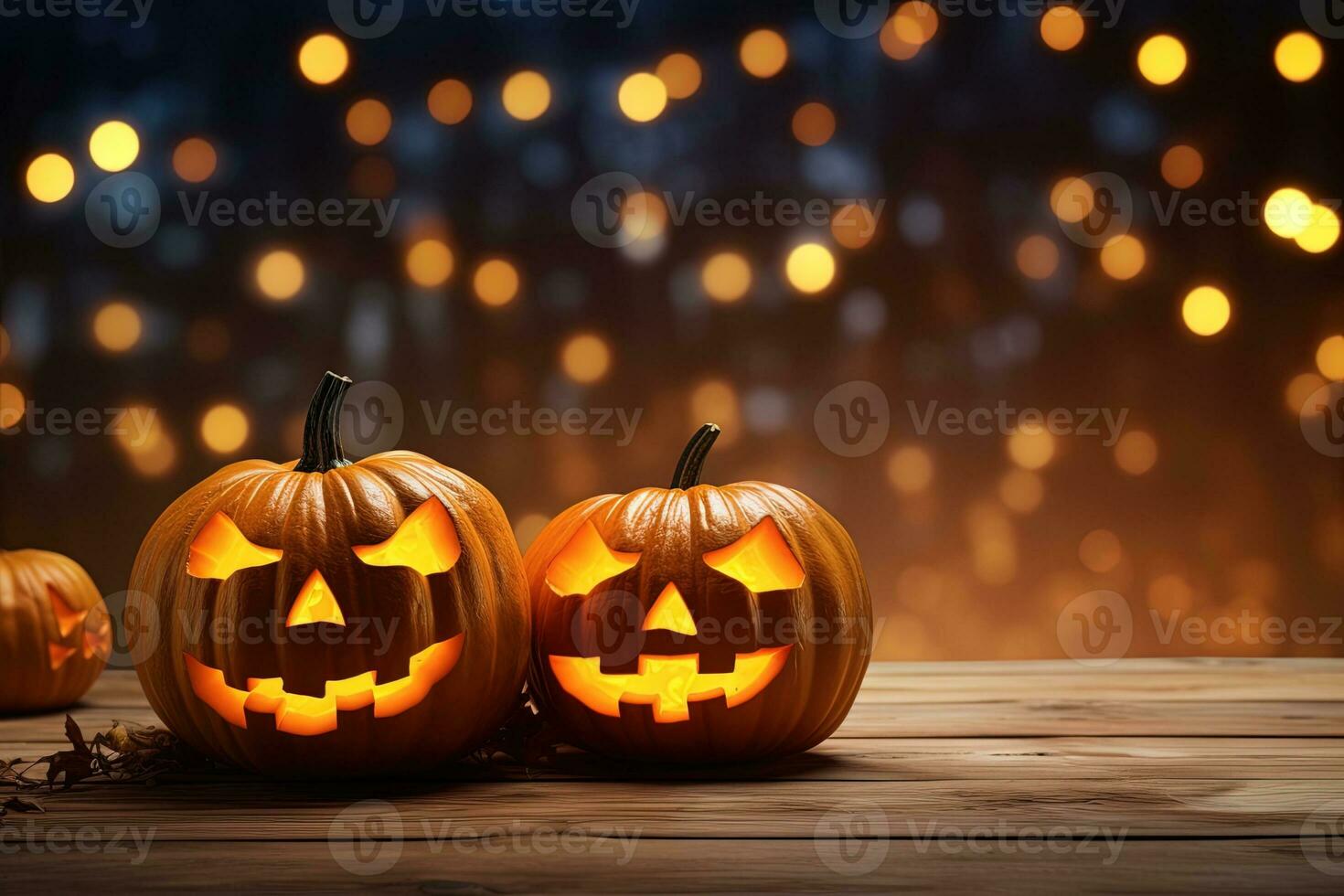 Halloween pumpkins on wooden table with bokeh lights background AI Generated photo