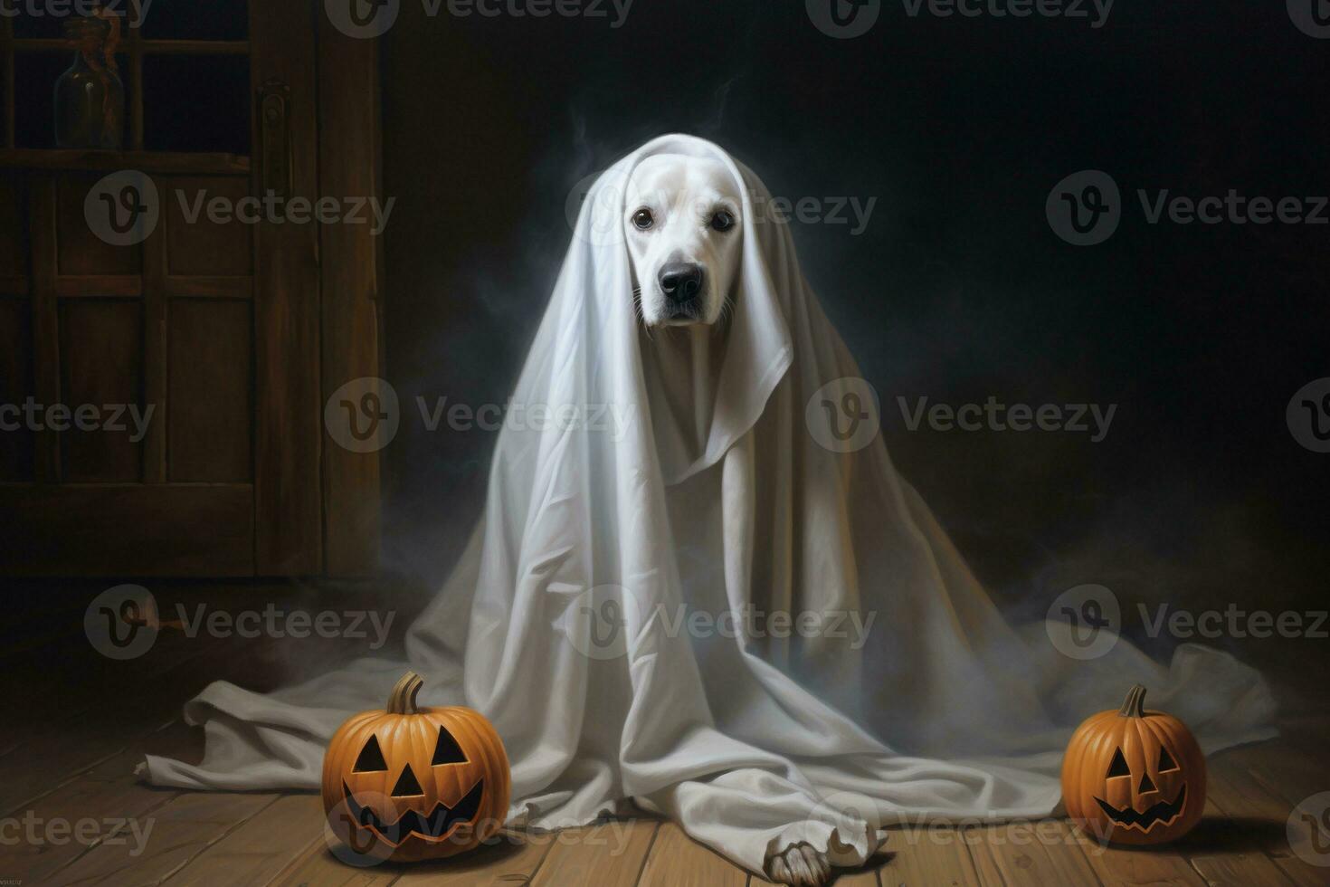 Halloween theme. dog in ghost costume with pumpkins on dark background AI Generated photo