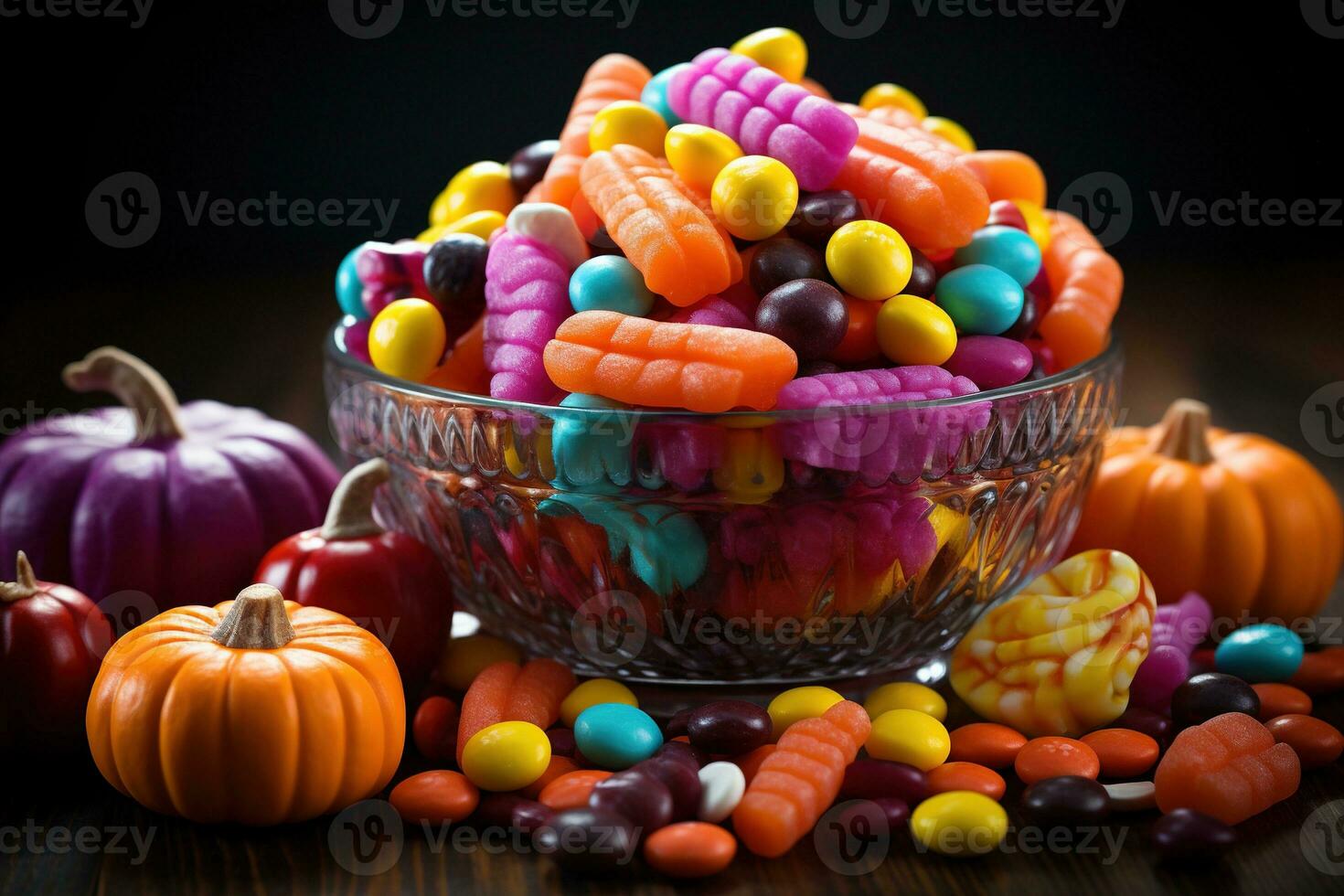 Ai Generated. Halloween candies and sweets on dark background photo