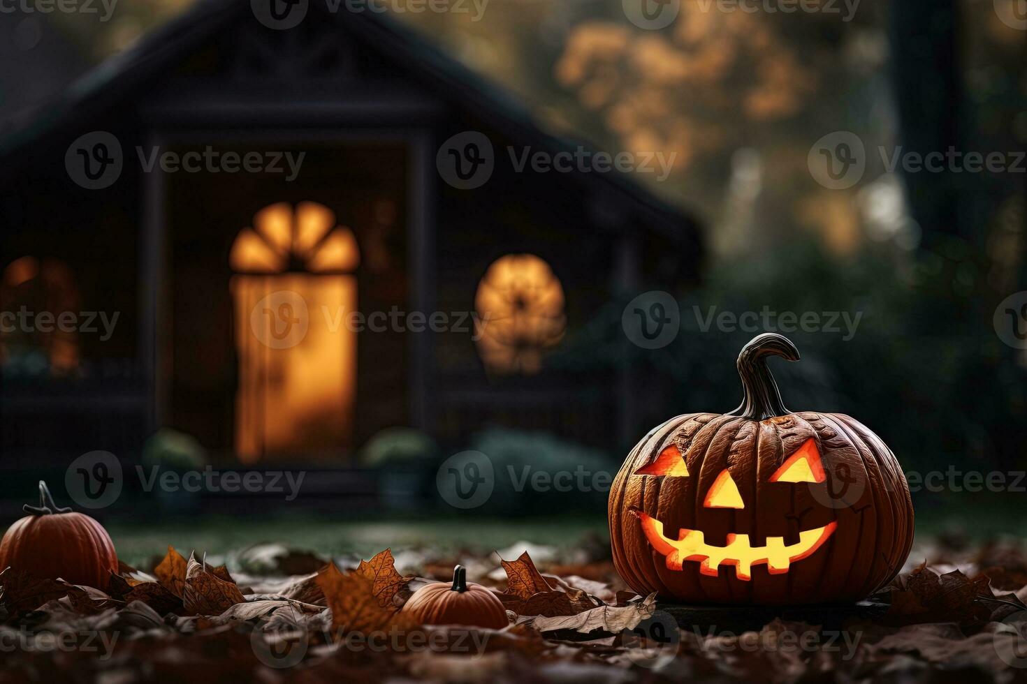 halloween pumpkins in front of a house AI generated photo