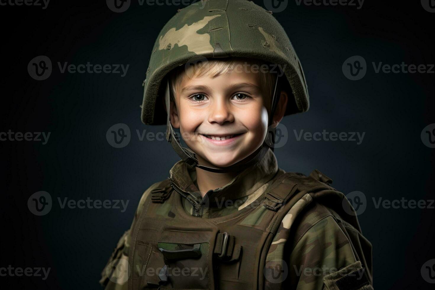 Portrait of a cute little boy in military uniform on dark background AI Generated photo