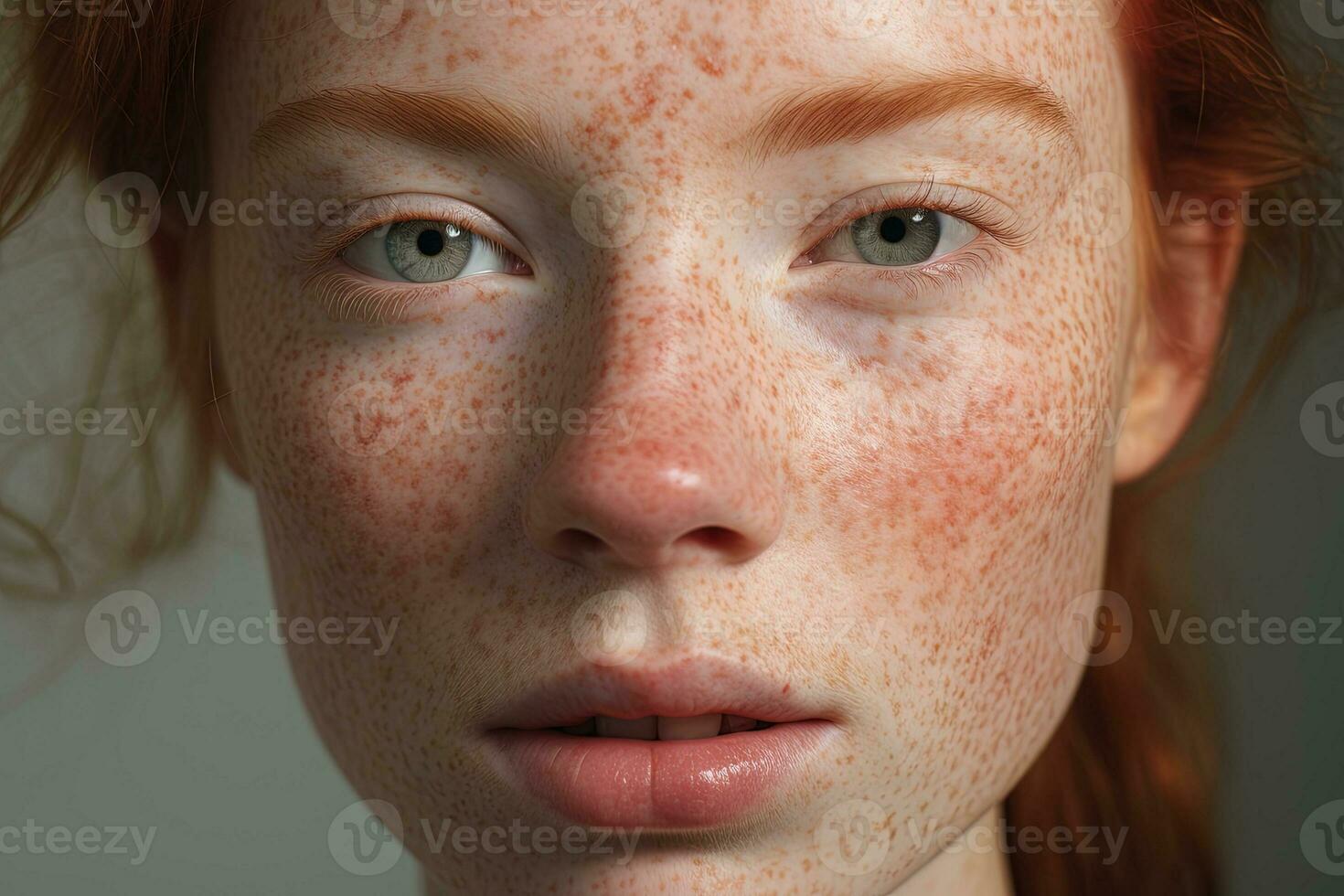 a close up of a woman with freckles,rosacea couperose redness skin AI generated photo