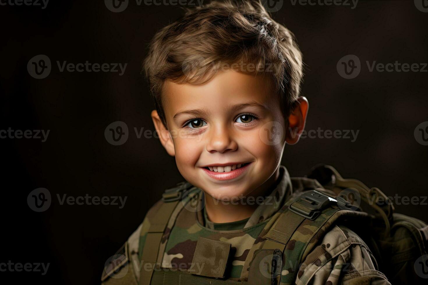 Portrait of a cute little boy in military uniform on dark background AI Generated photo