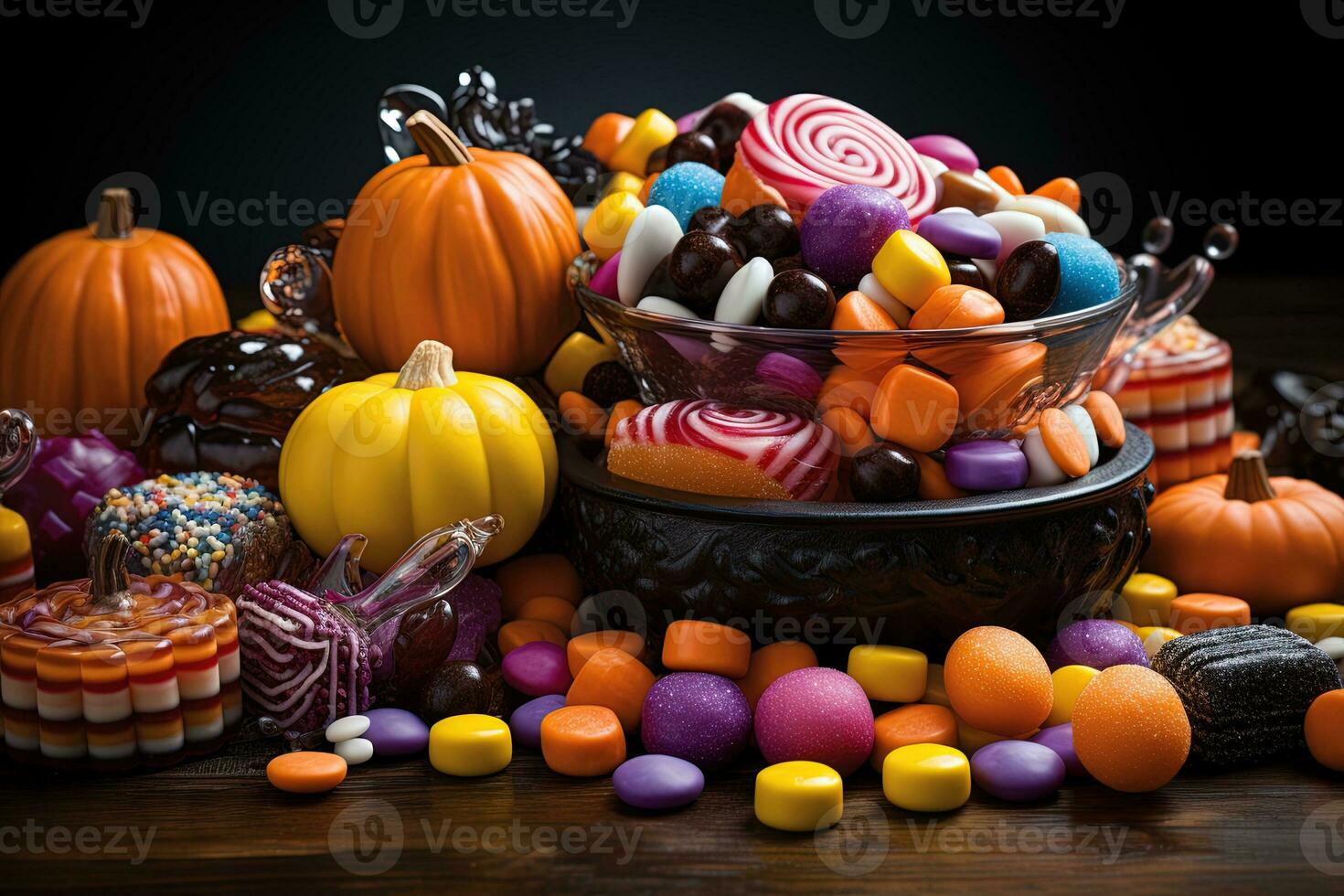 Ai Generated. Halloween candies and sweets on dark background photo