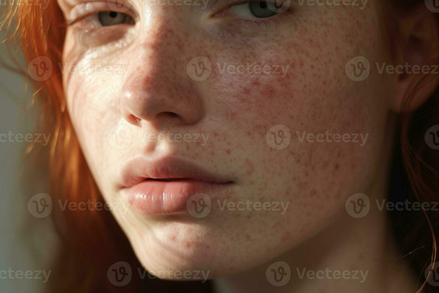 a close up of a woman with freckles,rosacea couperose redness skin AI generated photo
