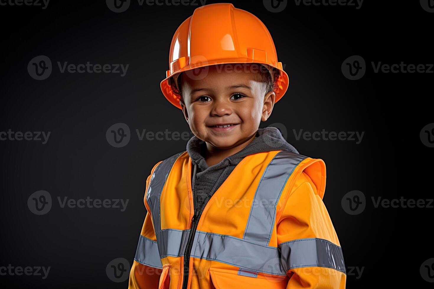 retrato de un linda pequeño chico en un construcción casco ai generado foto