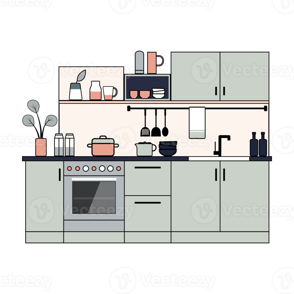 plat illustration de moderne cuisine intérieur avec meubles, appareils électroménagers et ustensiles png