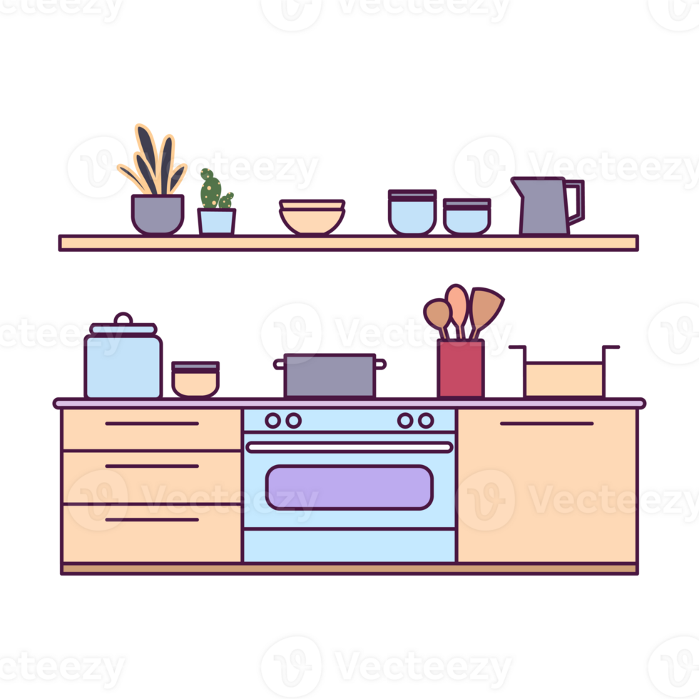 Flat illustration of modern kitchen interior with furniture, appliances and utensils png