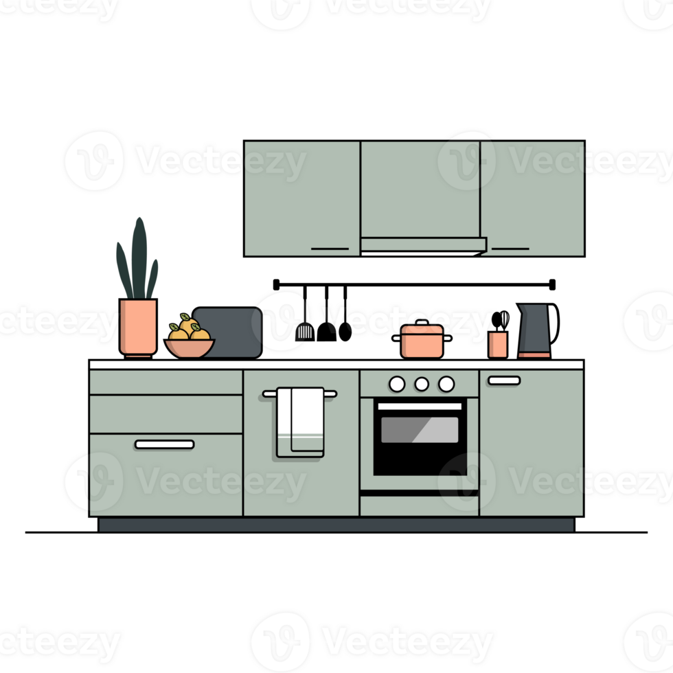 Flat illustration of modern kitchen interior with furniture, appliances and utensils png