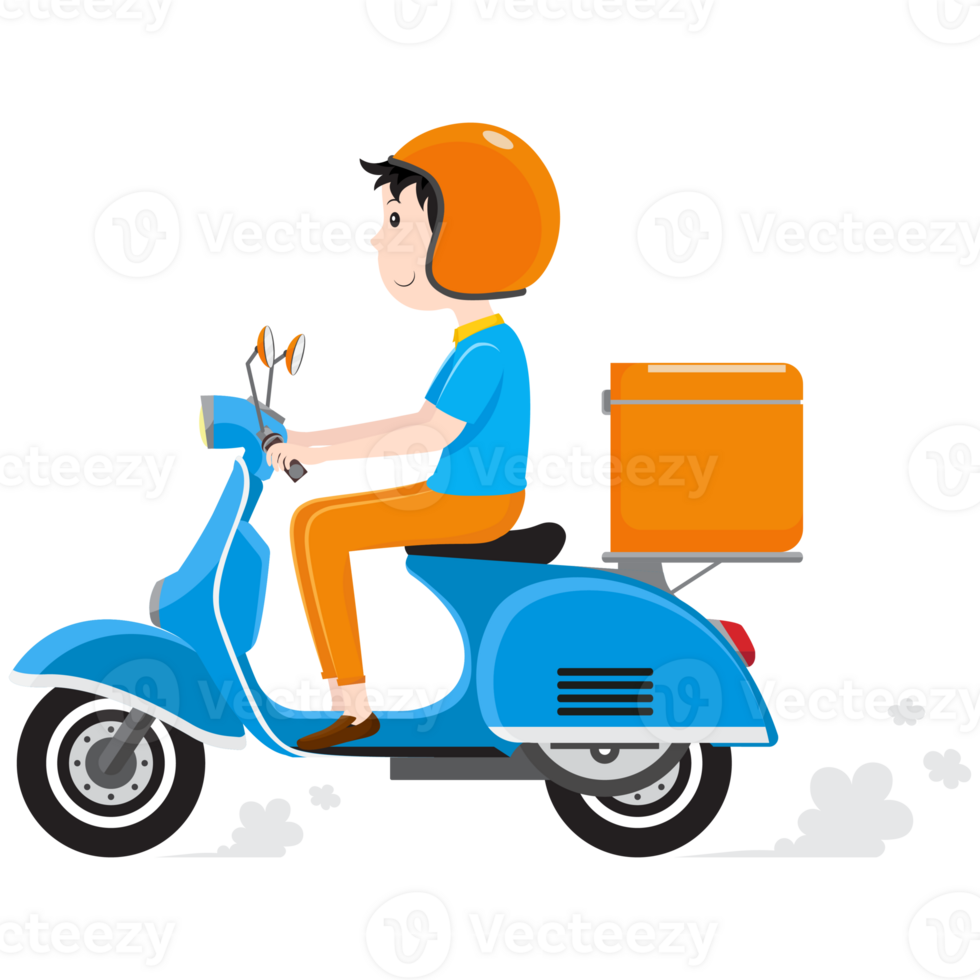 Delivery man riding scooter with delivery case box png