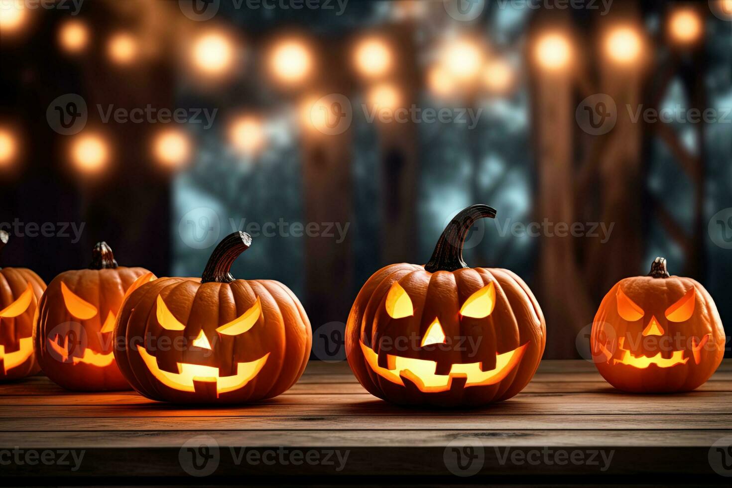 Halloween pumpkins on wooden table with bokeh lights background AI Generated photo