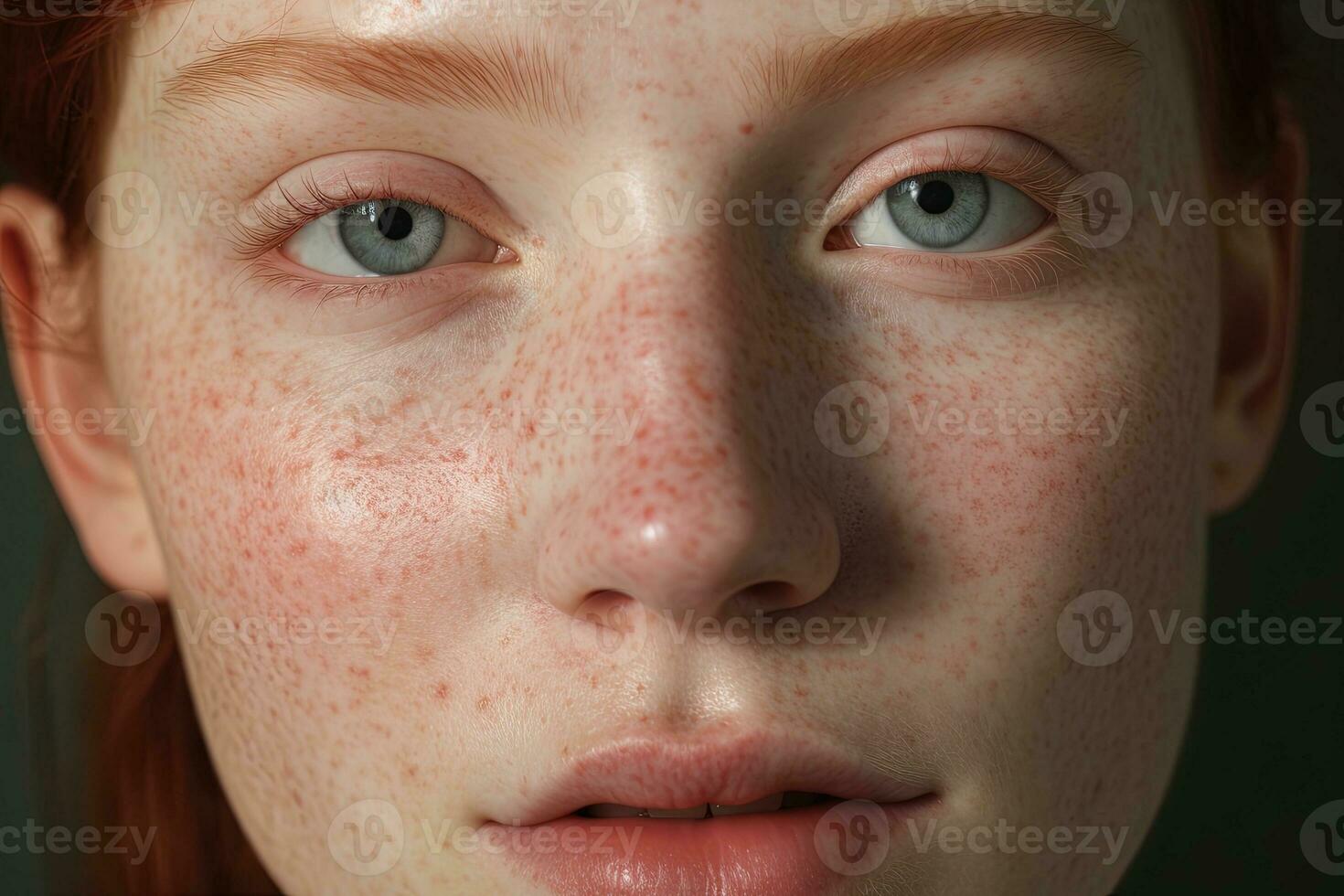 a close up of a woman with freckles AI generated photo