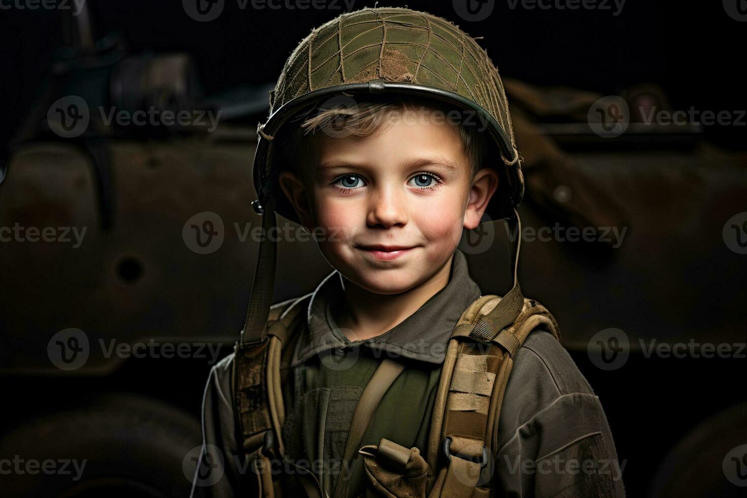 Portrait of a cute little boy in military uniform on dark background AI Generated photo