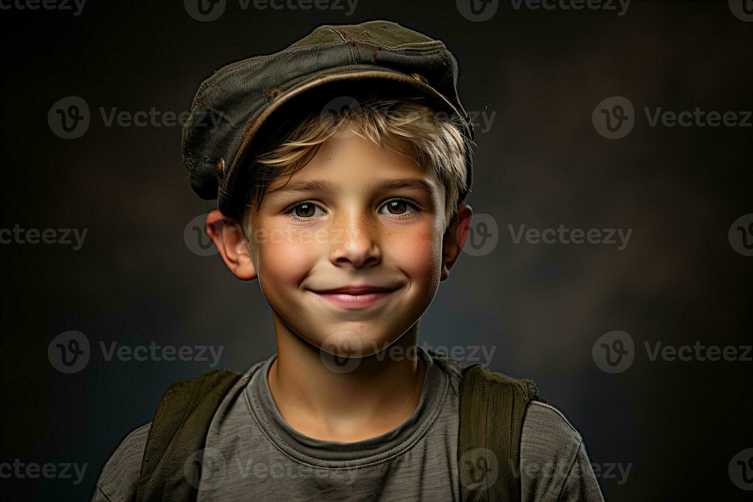 Portrait of a cute little boy in military uniform on dark background AI Generated photo