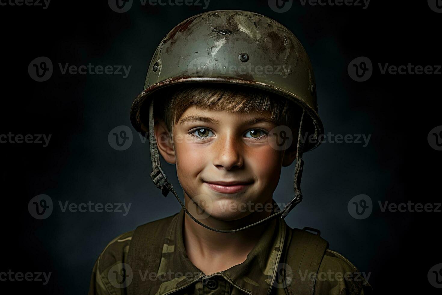 retrato de un linda pequeño chico en militar uniforme en oscuro antecedentes ai generado foto