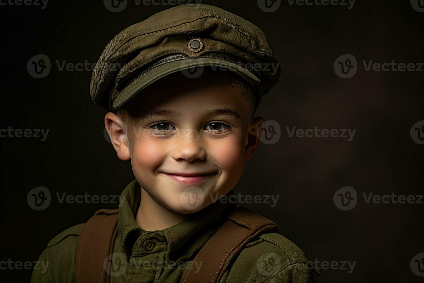 Portrait of a cute little boy in military uniform on dark background AI Generated photo