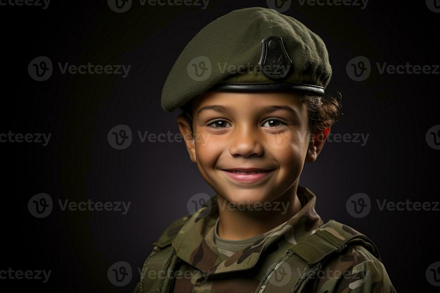 Portrait of a cute little boy in military uniform on dark background AI Generated photo