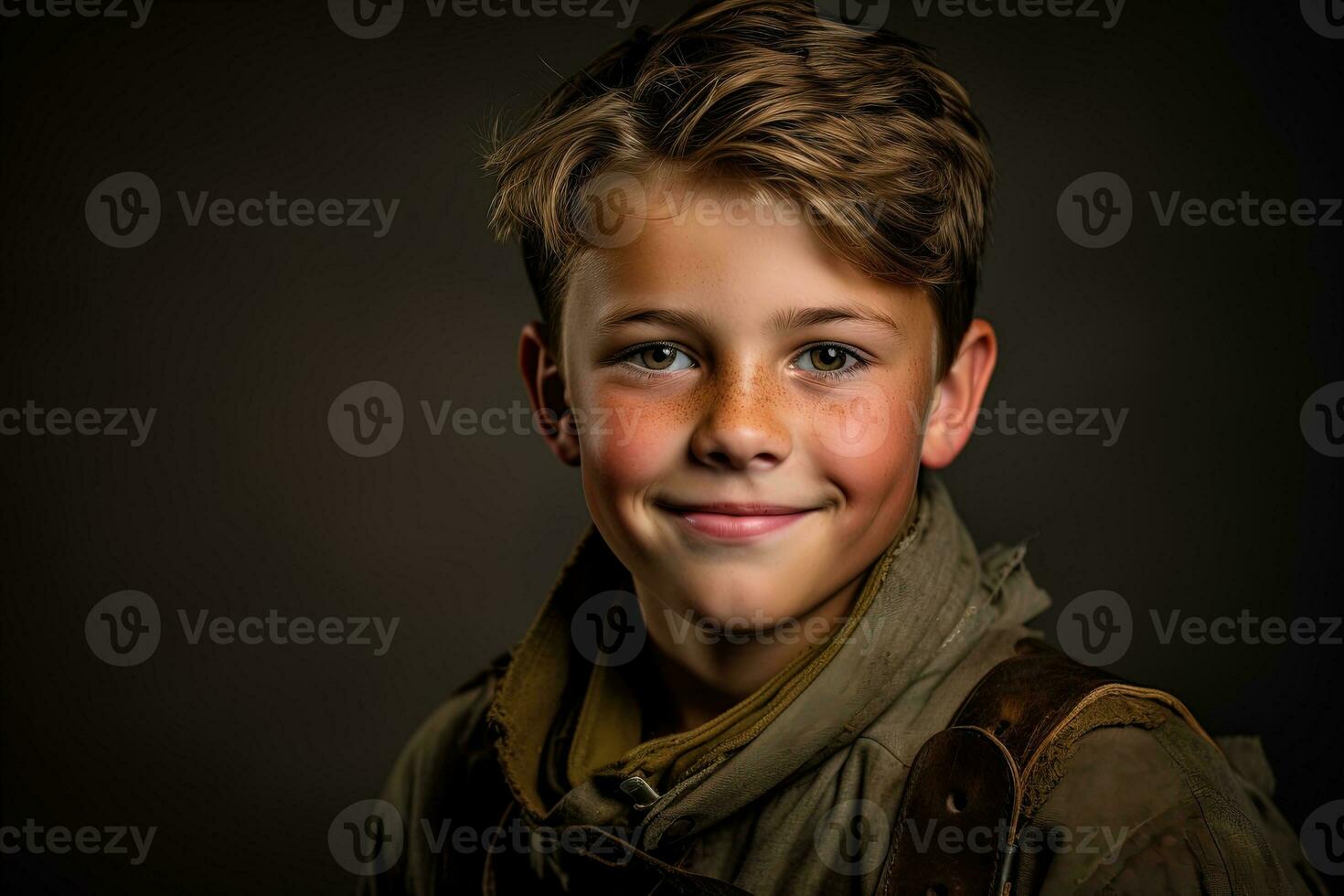 retrato de un linda pequeño chico en militar uniforme en oscuro antecedentes ai generado foto