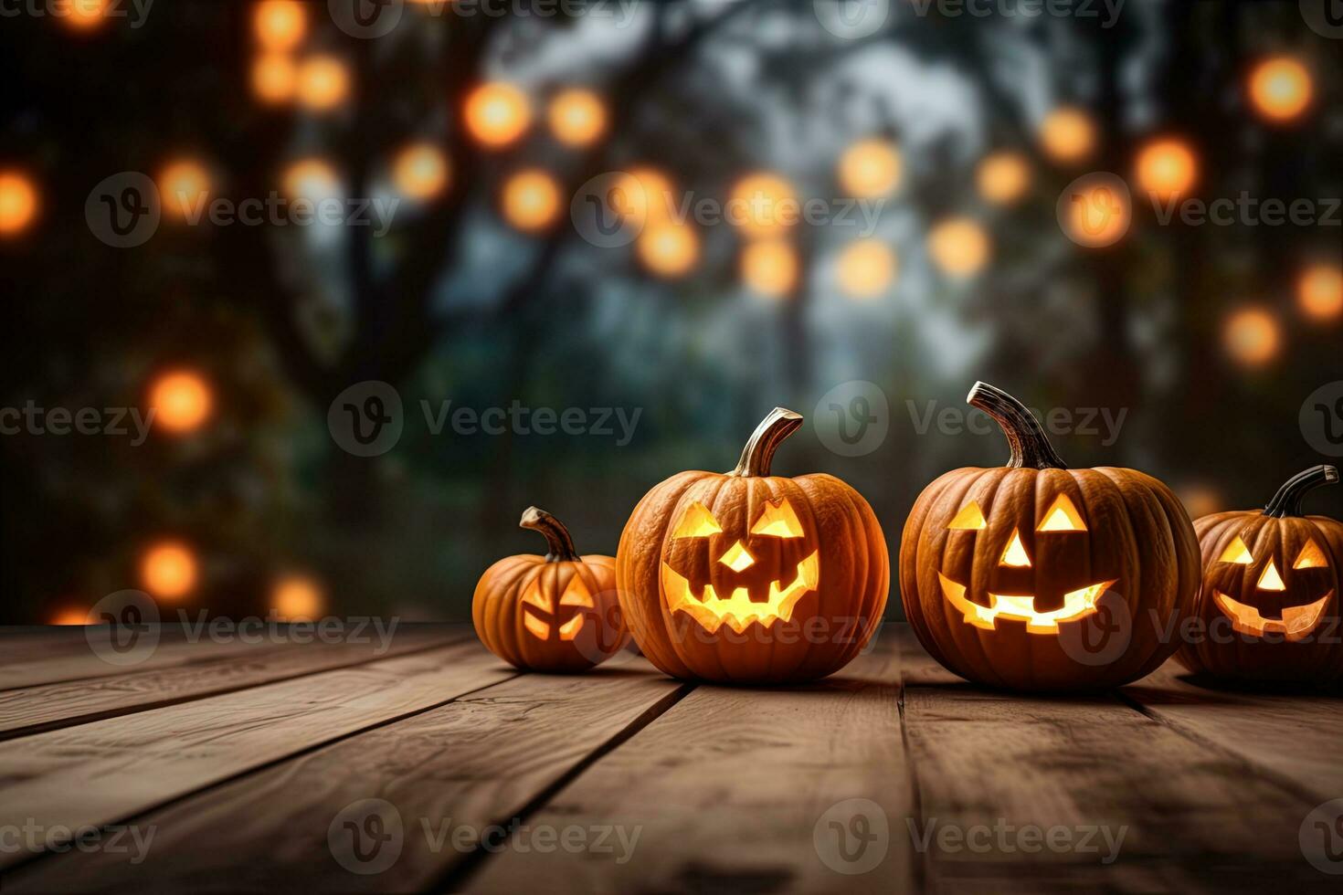 Halloween pumpkins on wooden table with bokeh lights background AI Generated photo