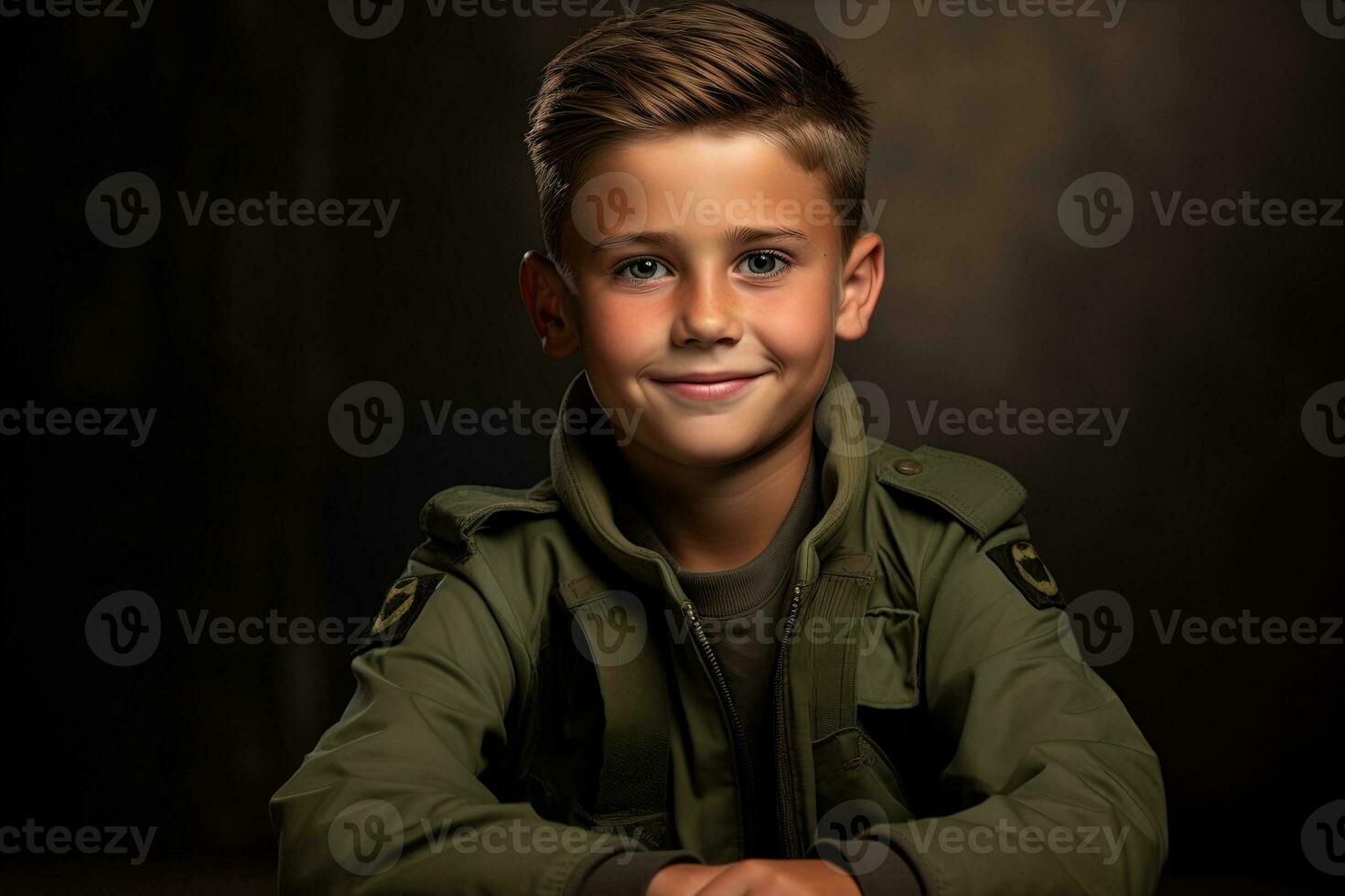 retrato de un linda pequeño chico en militar uniforme en oscuro antecedentes ai generado foto