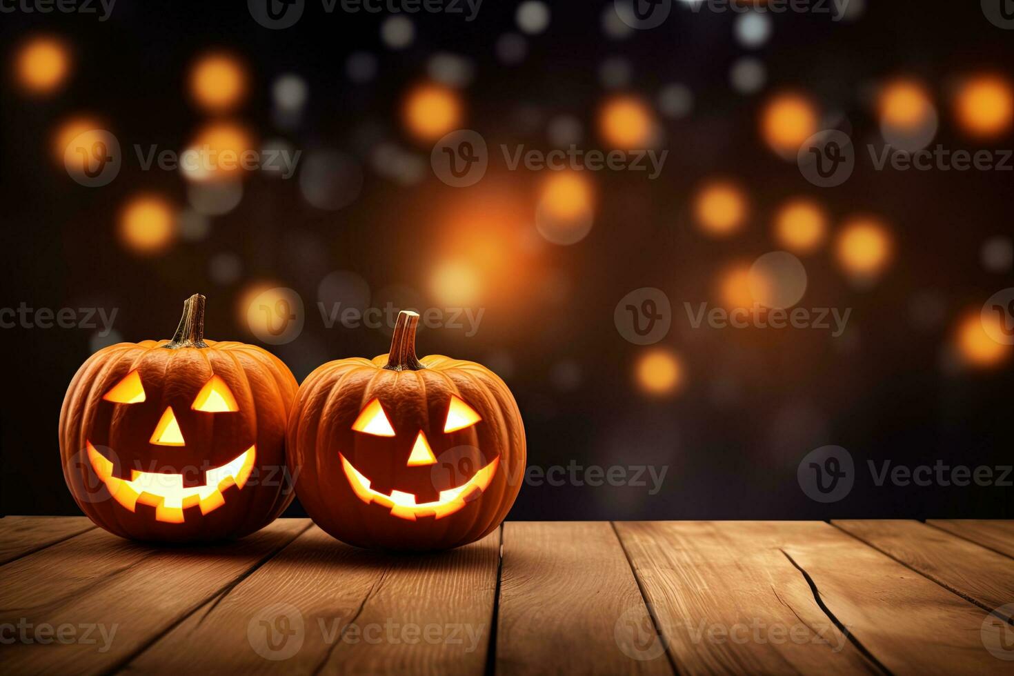 Halloween pumpkins on wooden table with bokeh lights background AI Generated photo