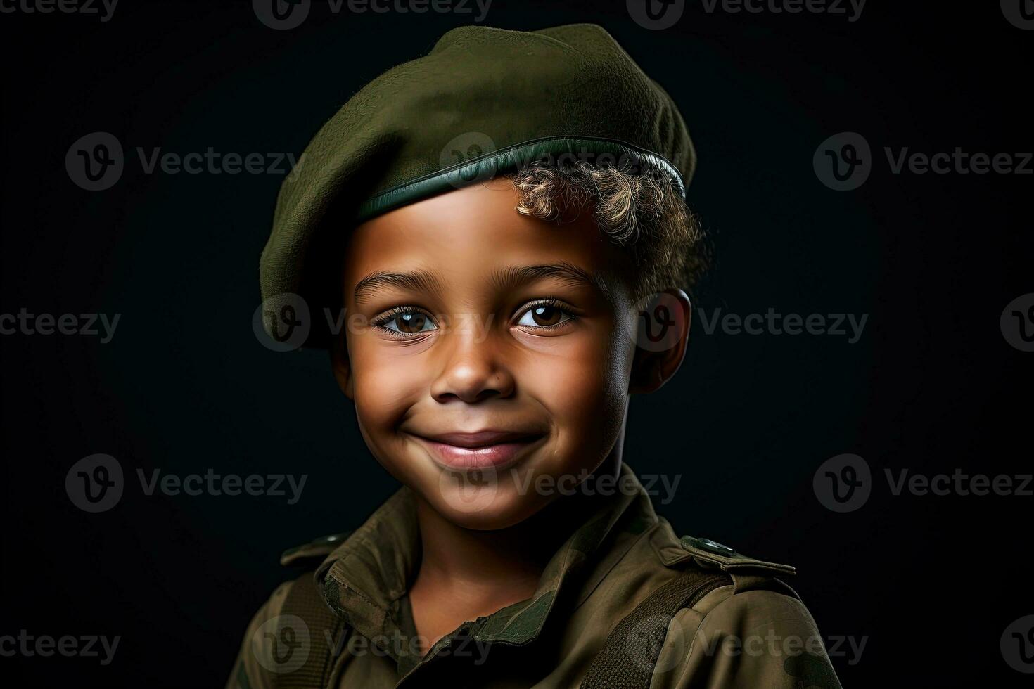Portrait of a cute little boy in military uniform on dark background AI Generated photo