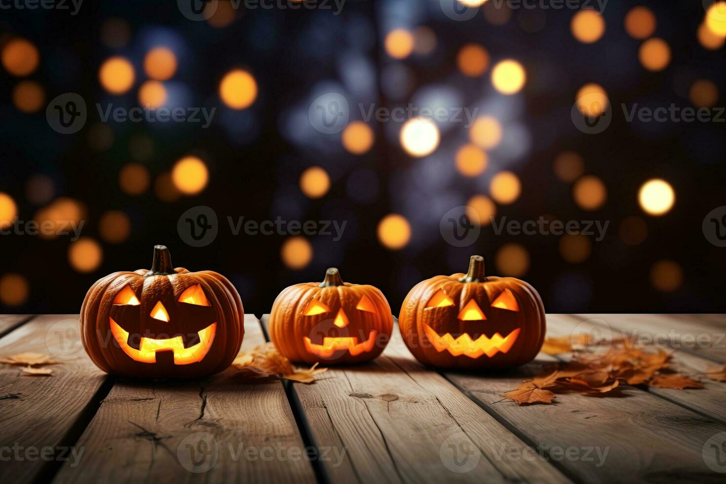 Halloween pumpkins on wooden table with bokeh lights background AI Generated photo
