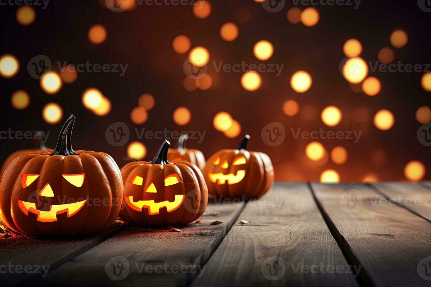 Halloween pumpkins on wooden table with bokeh lights background AI Generated photo