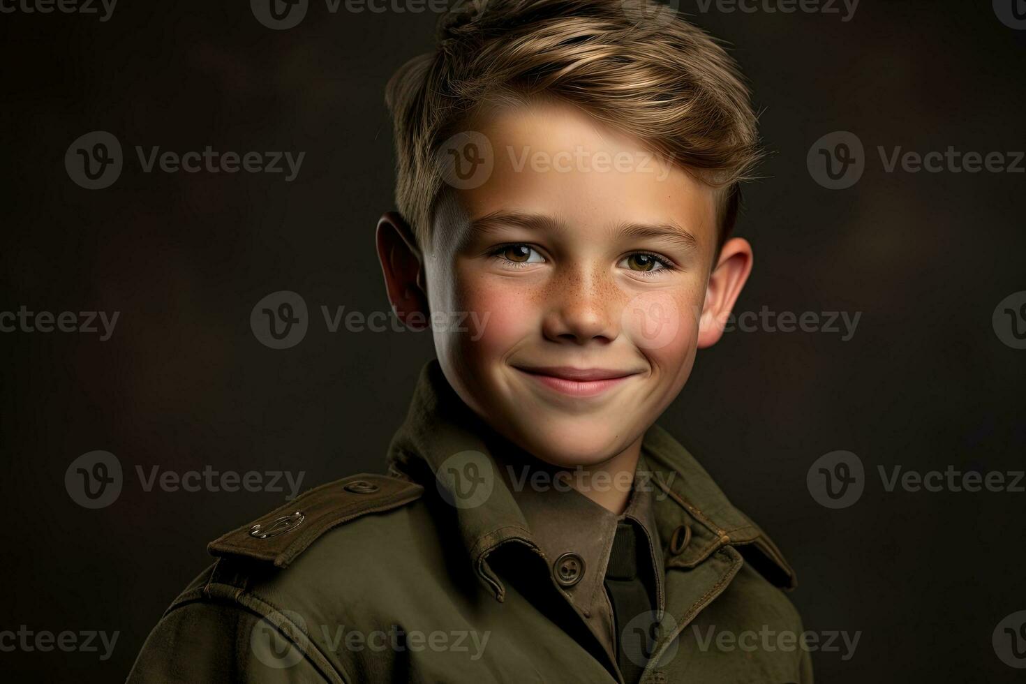 Portrait of a cute little boy in military uniform on dark background AI Generated photo