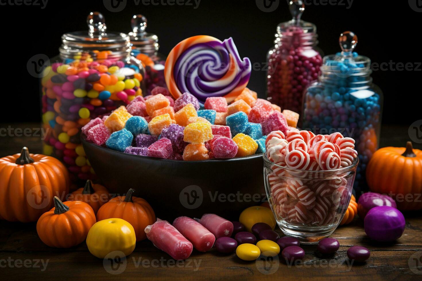 Ai Generated. Halloween candies and sweets on dark background photo