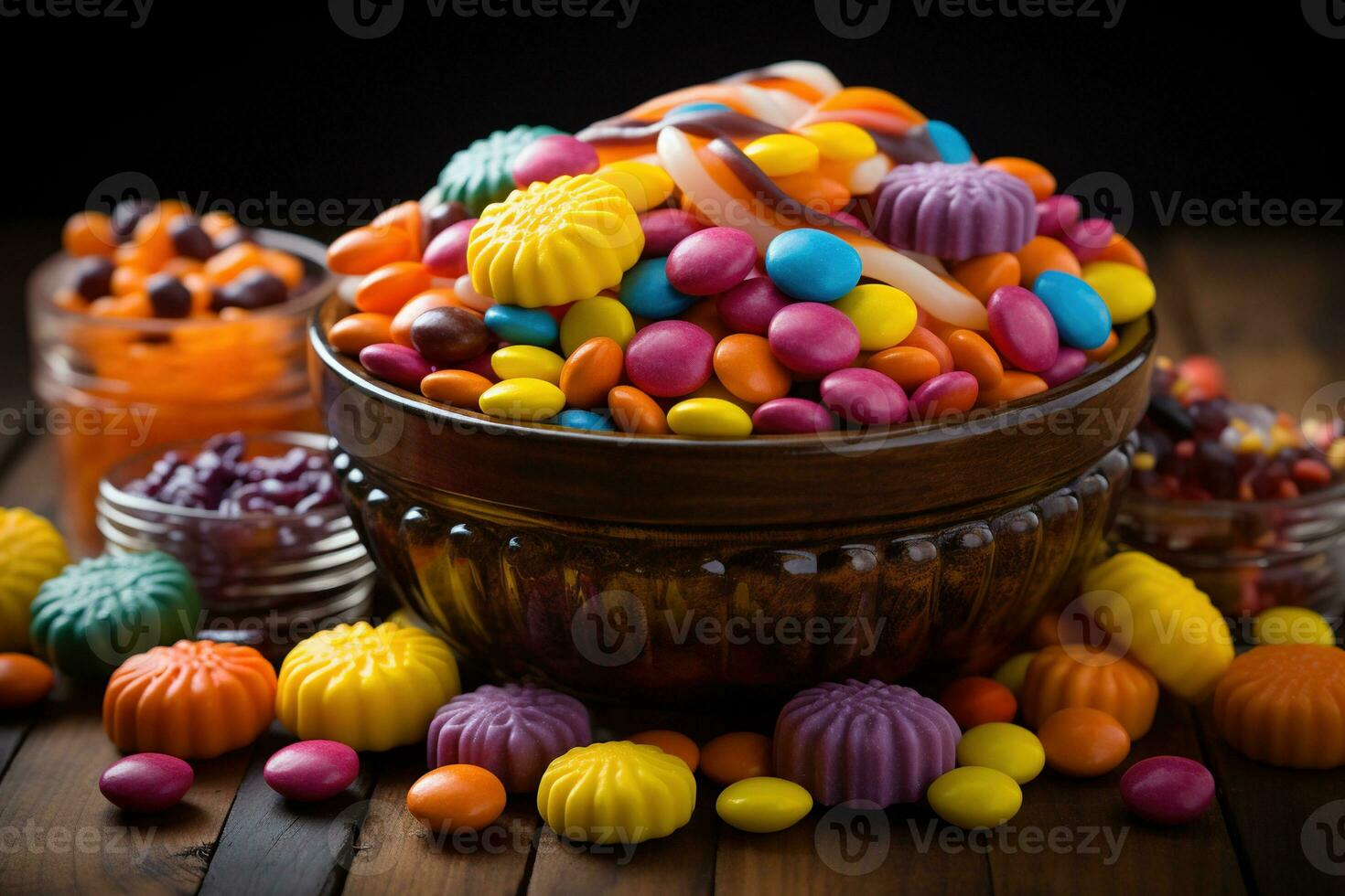 Ai Generated. Halloween candies and sweets on dark background photo