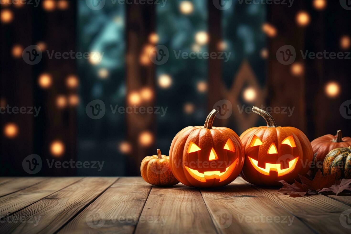 Halloween pumpkins on wooden table with bokeh lights background AI Generated photo