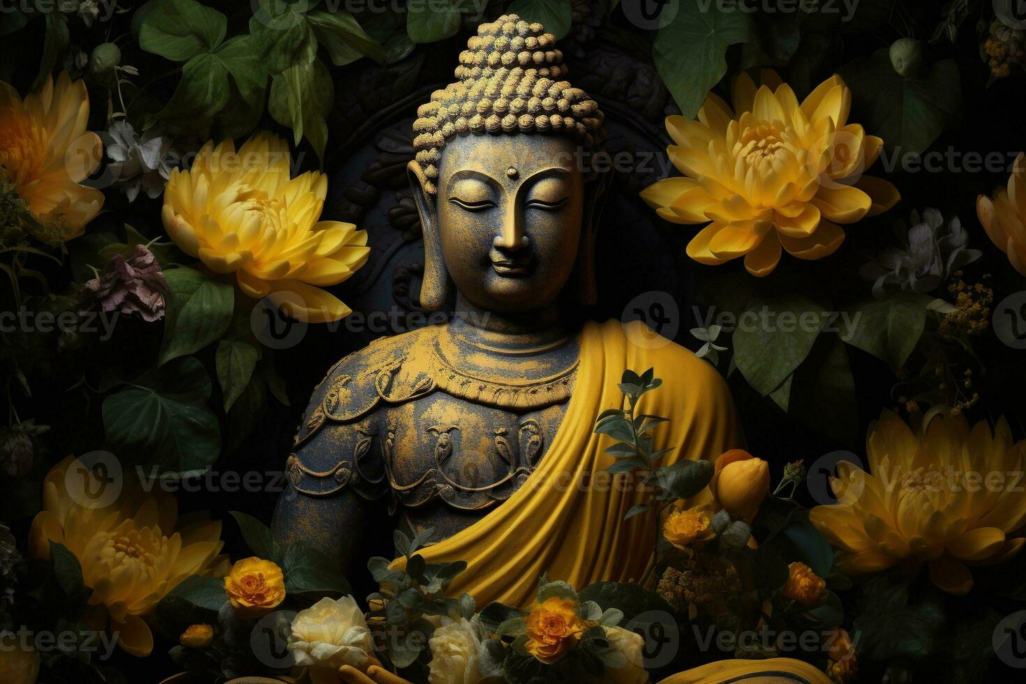 buddha statue surrounded by yellow flowers AI Generated photo