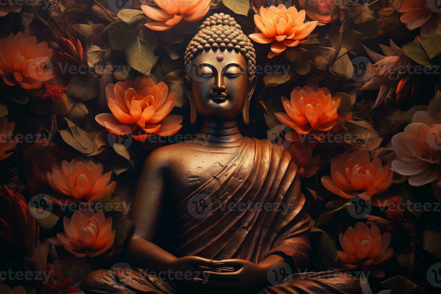 Buddha statue surrounded by orange flowers on a black background AI Generated photo