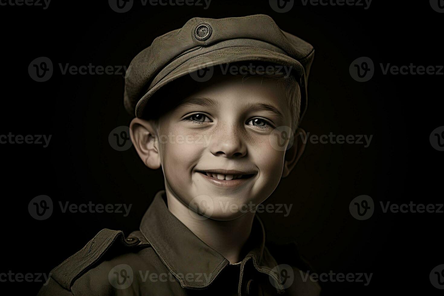 retrato de un linda pequeño chico en militar uniforme en oscuro antecedentes ai generado foto