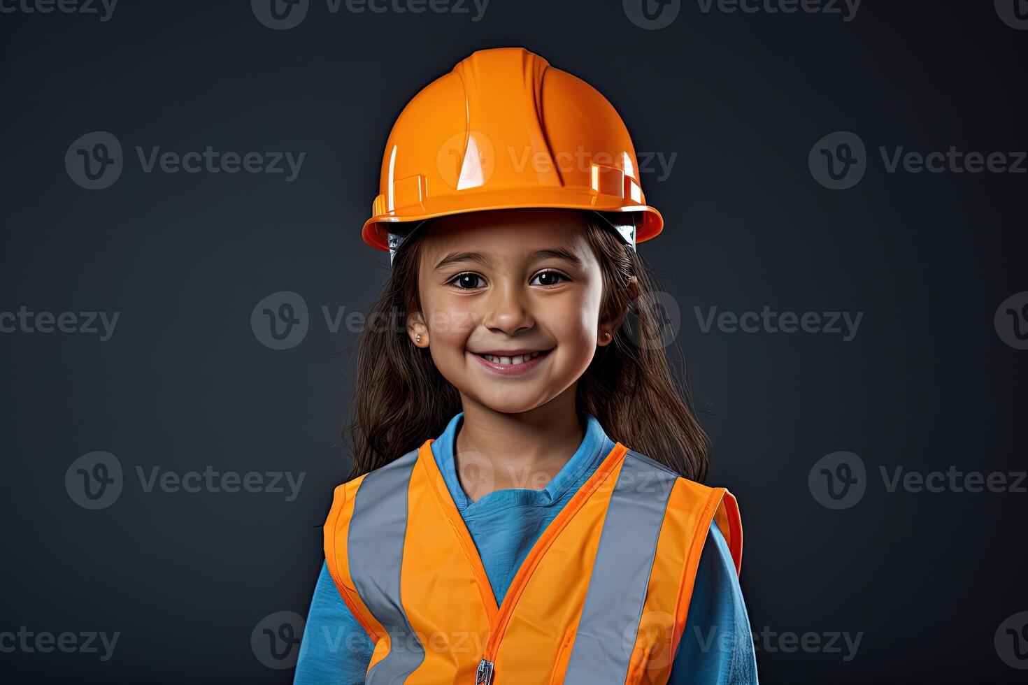 Portrait of a smiling little girl in a construction helmet photo