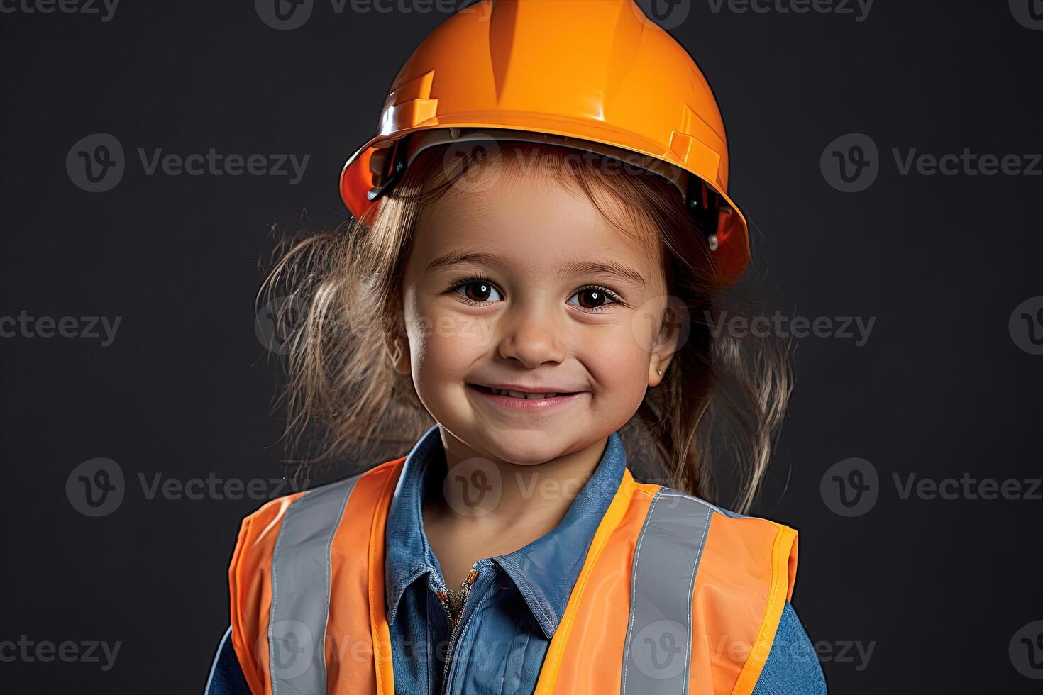 Portrait of a smiling little girl in a construction helmet photo