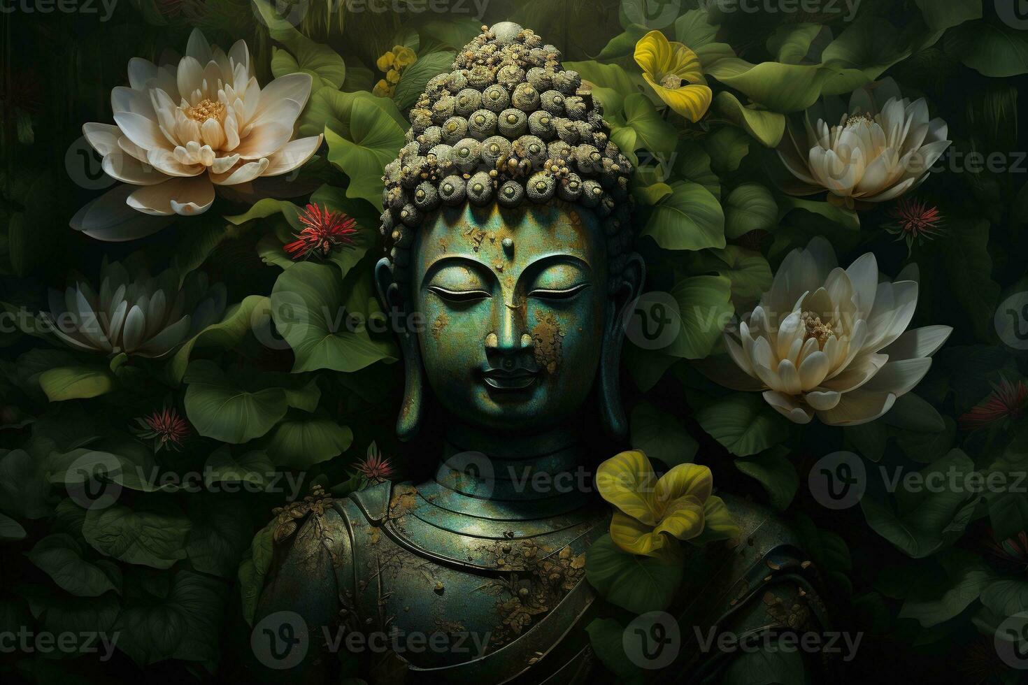 Buddha statue with lotus flower and green leaves background AI Generated photo