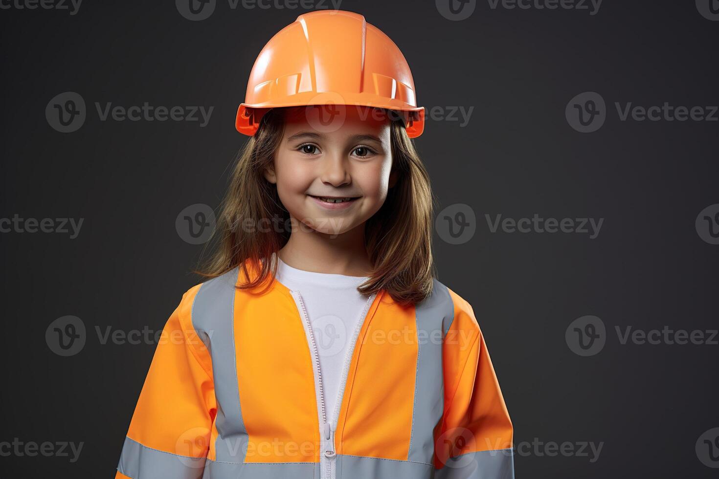 Portrait of a smiling little girl in a construction helmet photo