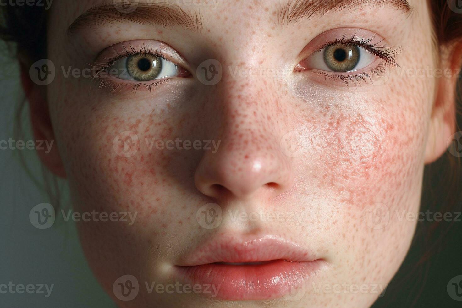 a close up of a woman with freckles,rosacea couperose redness skin AI generated photo