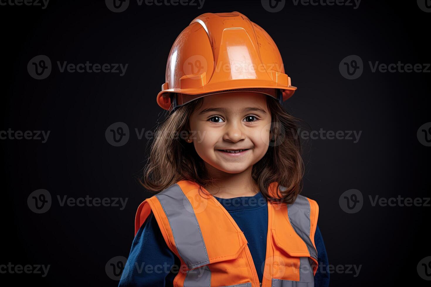 Portrait of a smiling little girl in a construction helmet photo