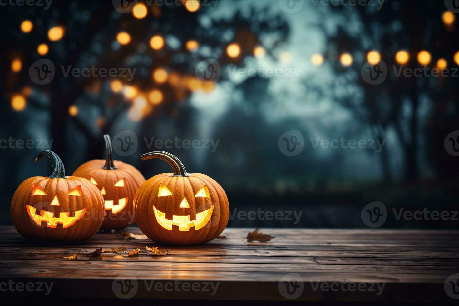 Halloween pumpkins on wooden table with bokeh lights background AI Generated photo